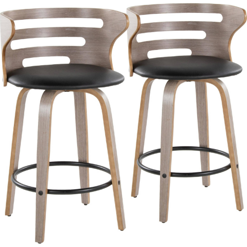 Cosini 26" Swivel Bar Stool in Light Grey Wood & Black Leatherette w/ Black Footrest (Set of 2)